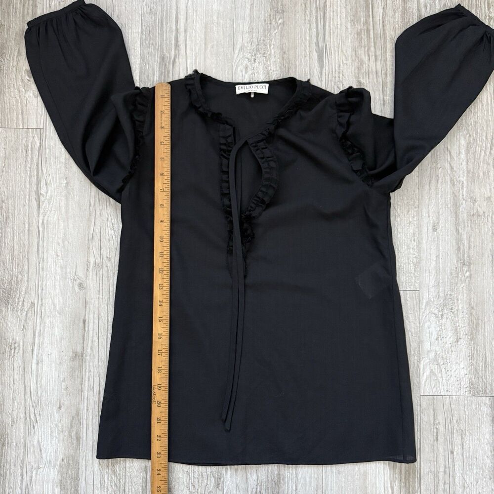 Emilio Pucci Ruffle Tie-Neck Blouse Size 6 Black Long Sleeve Italy Dark Romantic - Picture 6 of 7